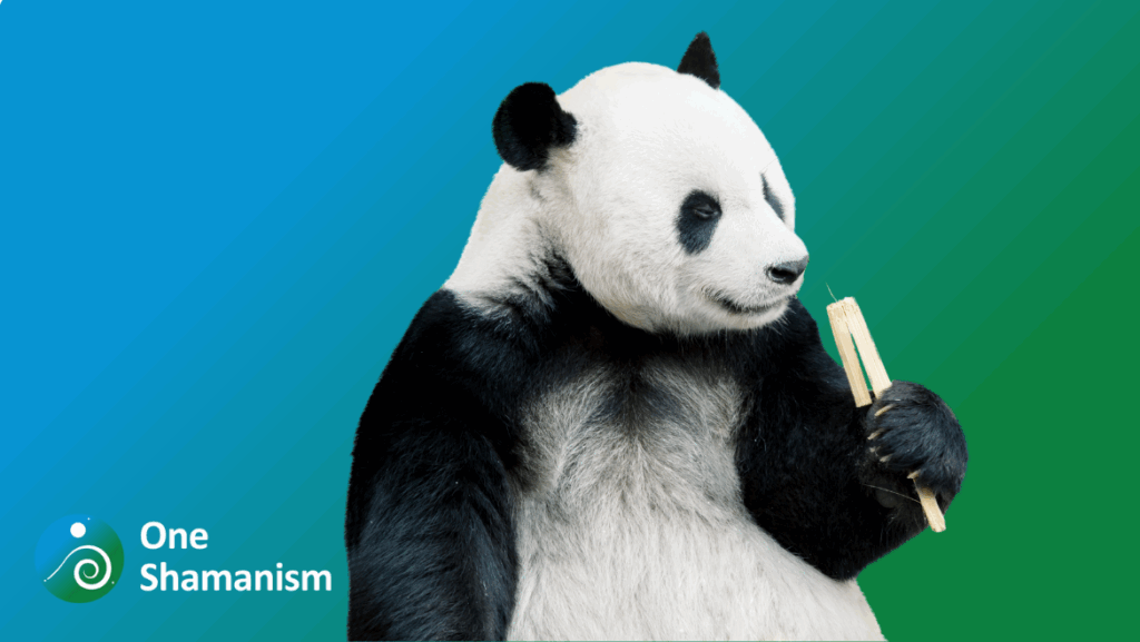 Peaceful panda sitting and eating bamboo, symbolizing self-care and tranquility.