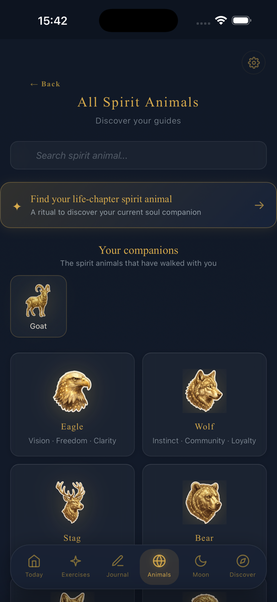 App screen with the collection of spirit animals you have already met