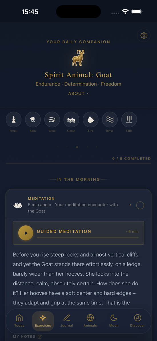 App screen with a guided meditation for the spirit animal Goat and eight exercises for the day