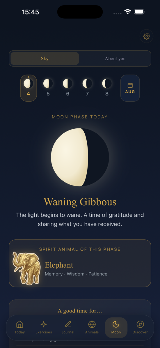 App screen with a waning gibbous moon, its spirit animal and a ritual impulse