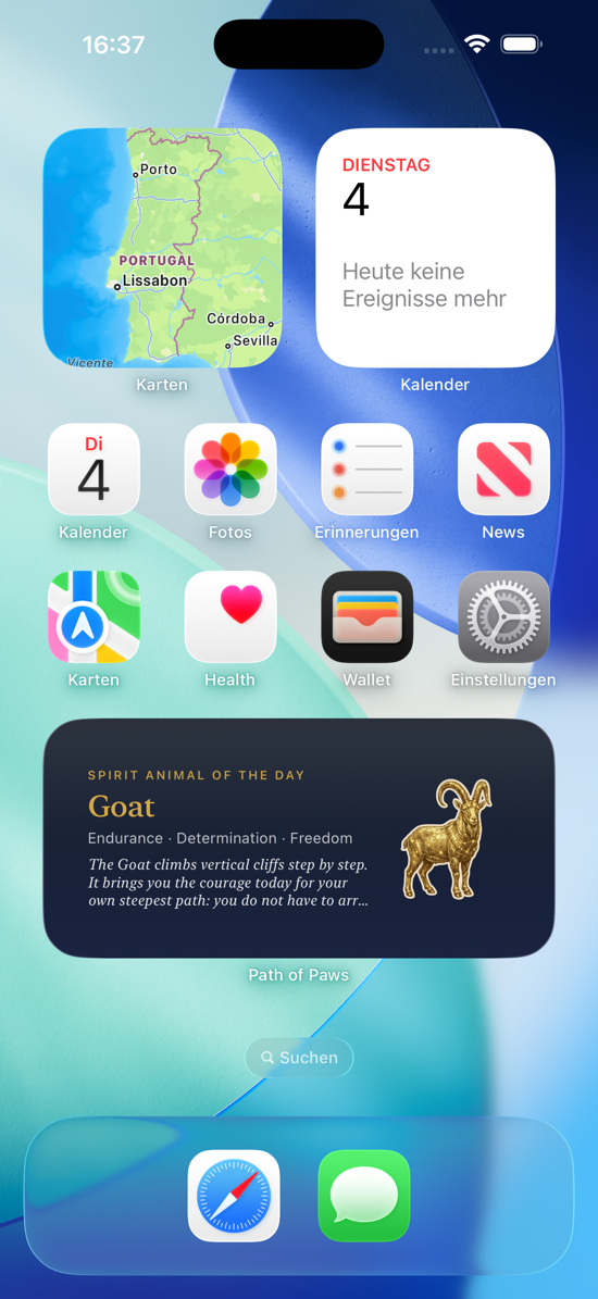 iPhone Home Screen with the widget showing the spirit animal of the day
