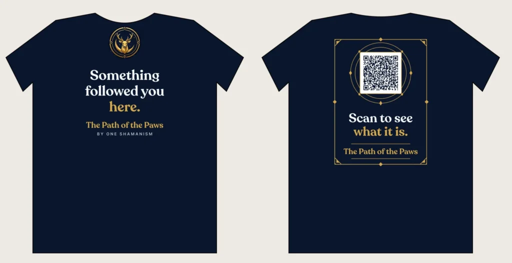 Navy The Path of the Paws shirt with the golden stag app icon, front and back with QR code