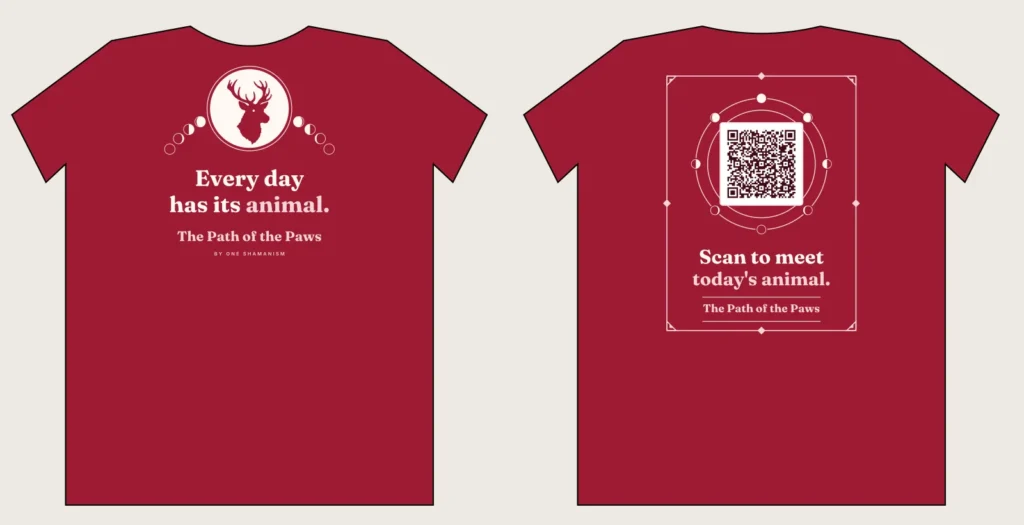 Cherry red The Path of the Paws shirt with moon phases and a stag in the full moon, slogan Every day has its animal