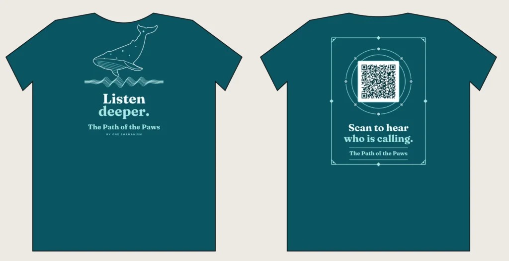 Petrol The Path of the Paws shirt with a line art whale above a sound wave, slogan Listen deeper