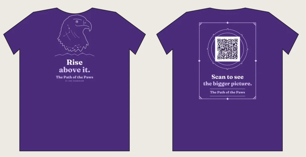 Violet The Path of the Paws shirt with a line art eagle head above a mountain ridge, slogan Rise above it, front and back with QR code